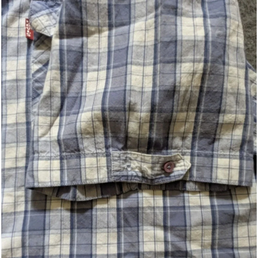Levi's The Two Horse Brand Shirt Men's XL White Blue Plaid Tab Sleeve Pearl Snap